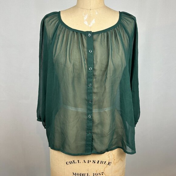 H&M Emory Green Light Weight Sheer Button Front Long Sleeve Blouse Top Size 2 - Picture 1 of 9